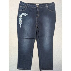 Woman Within Jeans Size 24W Dark Wash Floral Embroidered Tapered Leg Dark Wash